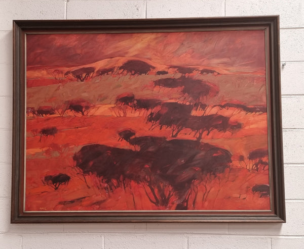 Stunning abstract landscape signed " Hans Van Vlodrop" Australian oil on board. Circa 1980's. It has been sourced locally and is in good original condition.