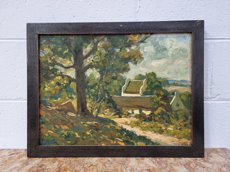 Lovely oil on board by South African artist (Edward Roworth) titled "The Homestead", and signed. In good original condition.