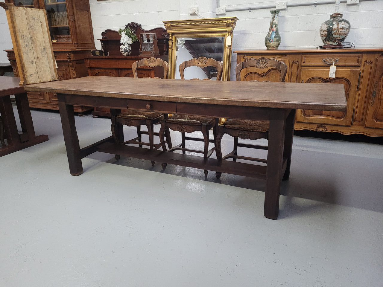 Antique French Oak Single Drawer Pedestal Base Farmhouse Table