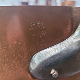 Set of five copper sauce pans with foundry stamp. They have been sourced from France and are in good original detailed condition.