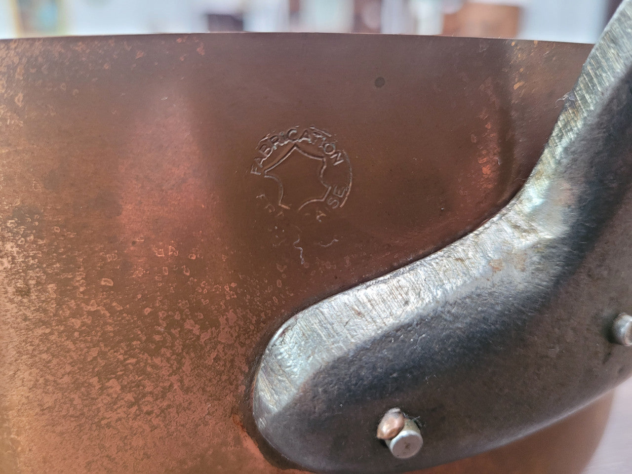 Set of five copper sauce pans with foundry stamp. They have been sourced from France and are in good original detailed condition.