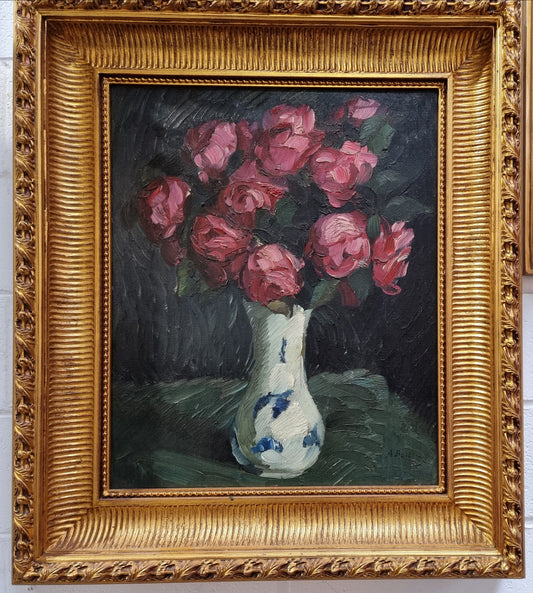 French floral signed oil painting of flowers in a vase in a stunning gilt frame. In good original condition.