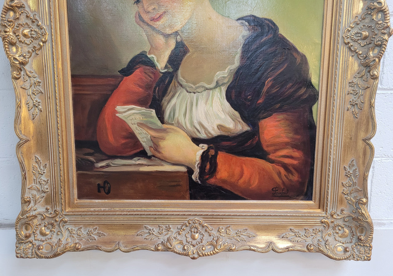 Large gilt framed signed oil on canvas portrait of a maiden readings. In good original detailed condition.