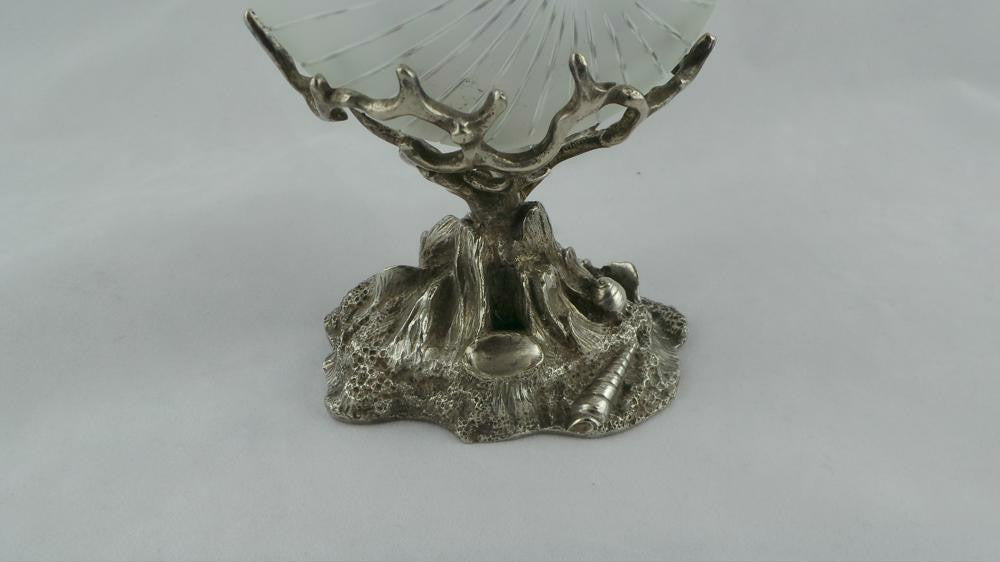 Victorian Etched Shell Glass Salts on Silver Stand