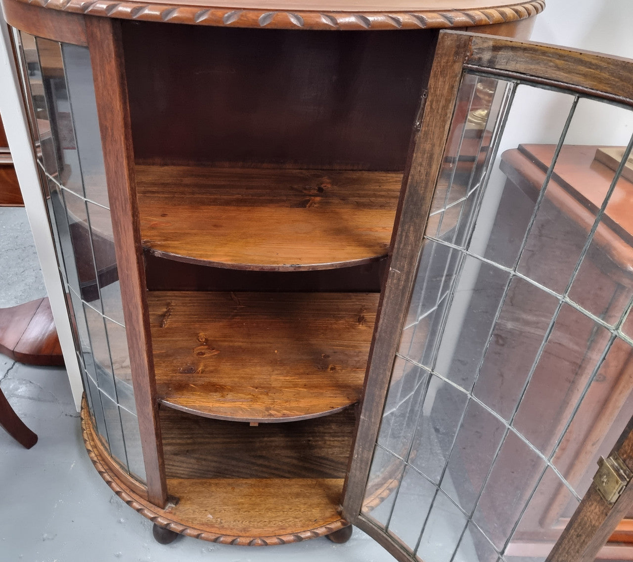 Vintage Australian Oak Half Round Leadlight Display Cabinet