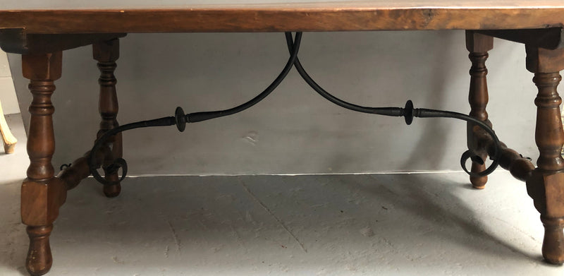 Vintage French Fruitwood & iron stretcher base coffee table. In good original detailed condition.