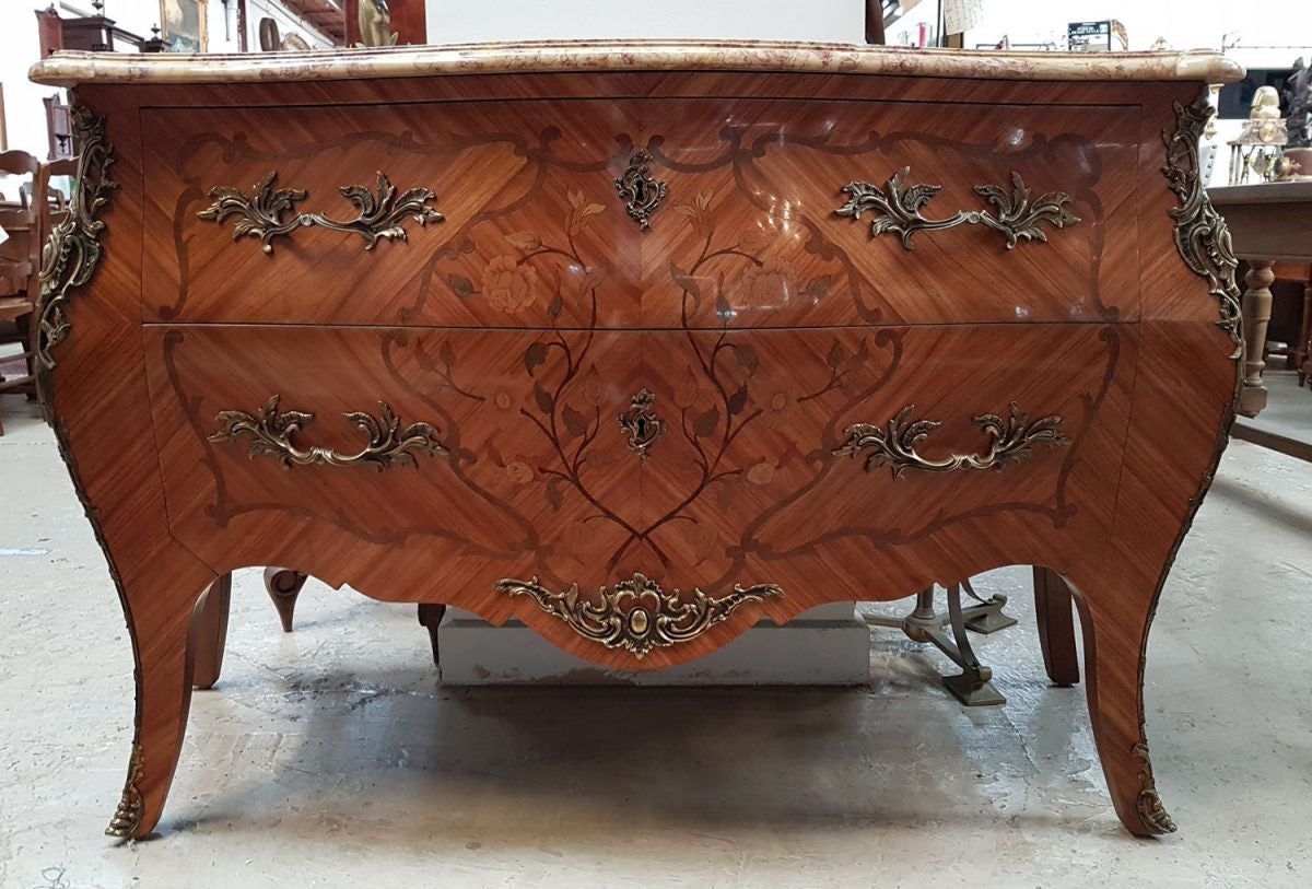 French Marquetry Inlay Kingwood Louis XV Marble Top Commode | Antique & Vintage | Moonee Ponds Antiques | Australia Wide Delivery