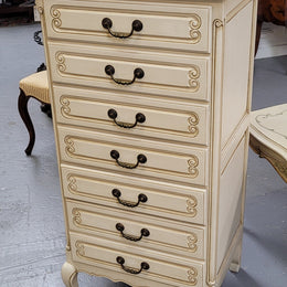 Vintage French Louis 15th Style original painted seven drawer semainier of pleasing narrow proportions with panelled sides. They have been sourced from France and are in good original condition.