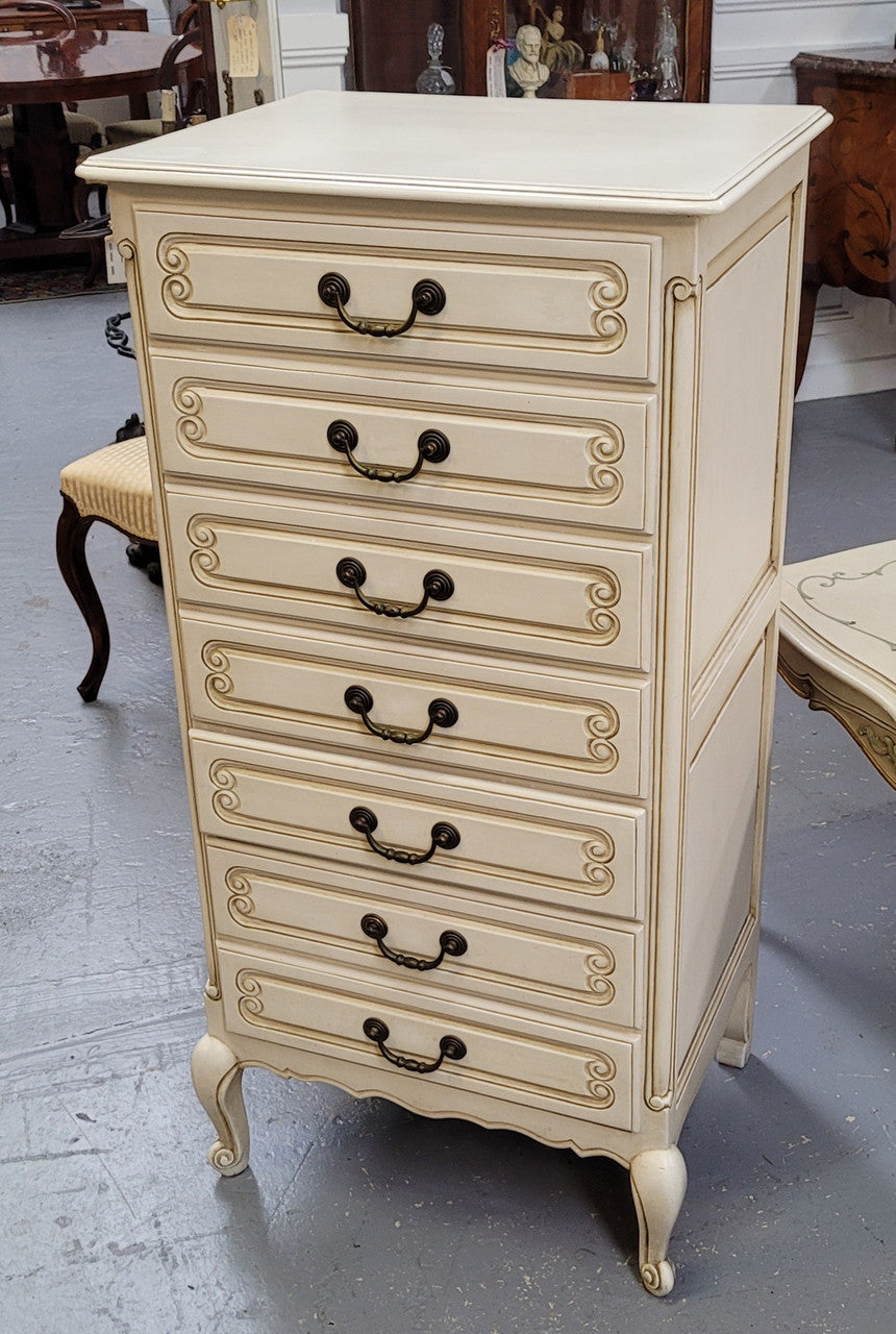 Vintage French Louis 15th Style original painted seven drawer semainier of pleasing narrow proportions with panelled sides. They have been sourced from France and are in good original condition.