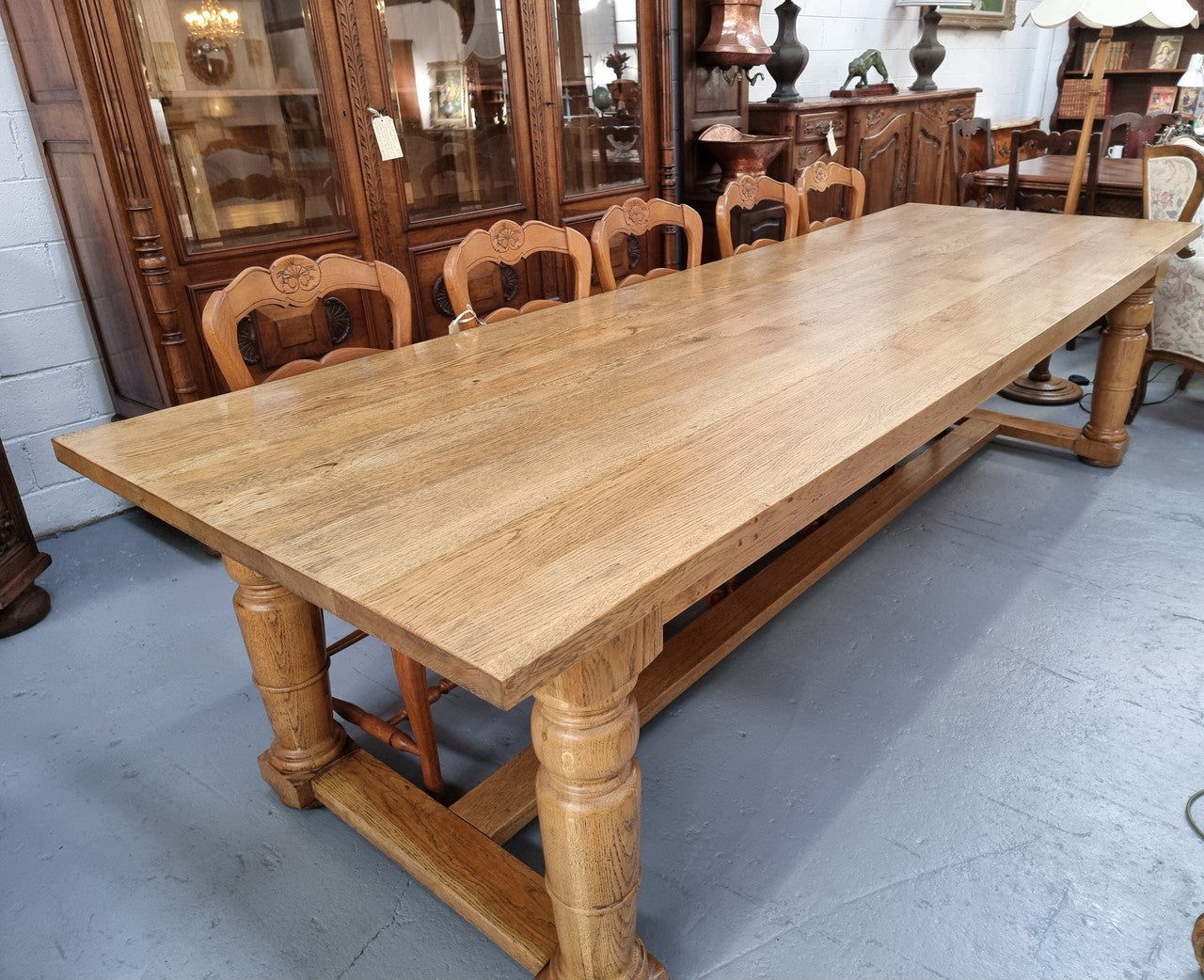 3 Meter Bespoke Oak Stretcher Base Farmhouse Dining Table | Antique & Vintage | Moonee Ponds Antiques | Australia Wide Delivery