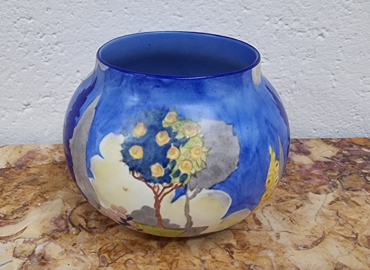Carlton Ware vase globular shape with hand painted potted rose bush and hollyhocks in a blue/cream matt glaze.