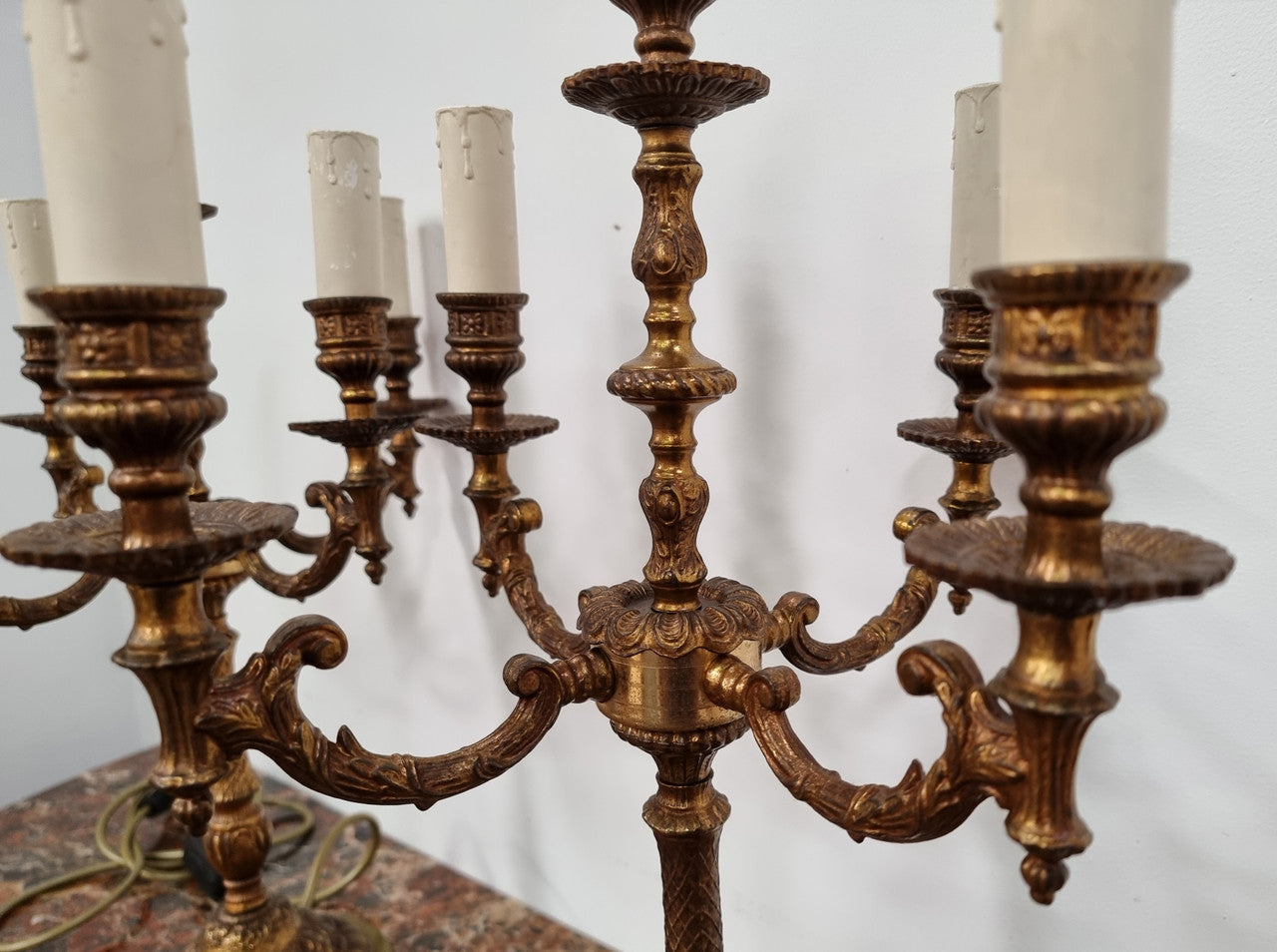 Beautiful pair of French bronze and alabaster marble base table lamps. Lamps have been fully rewired to Australian standards and are in good original condition.