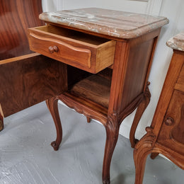 French Louis XVI style figured Walnut marble top bedsides. In good original detailed condition.