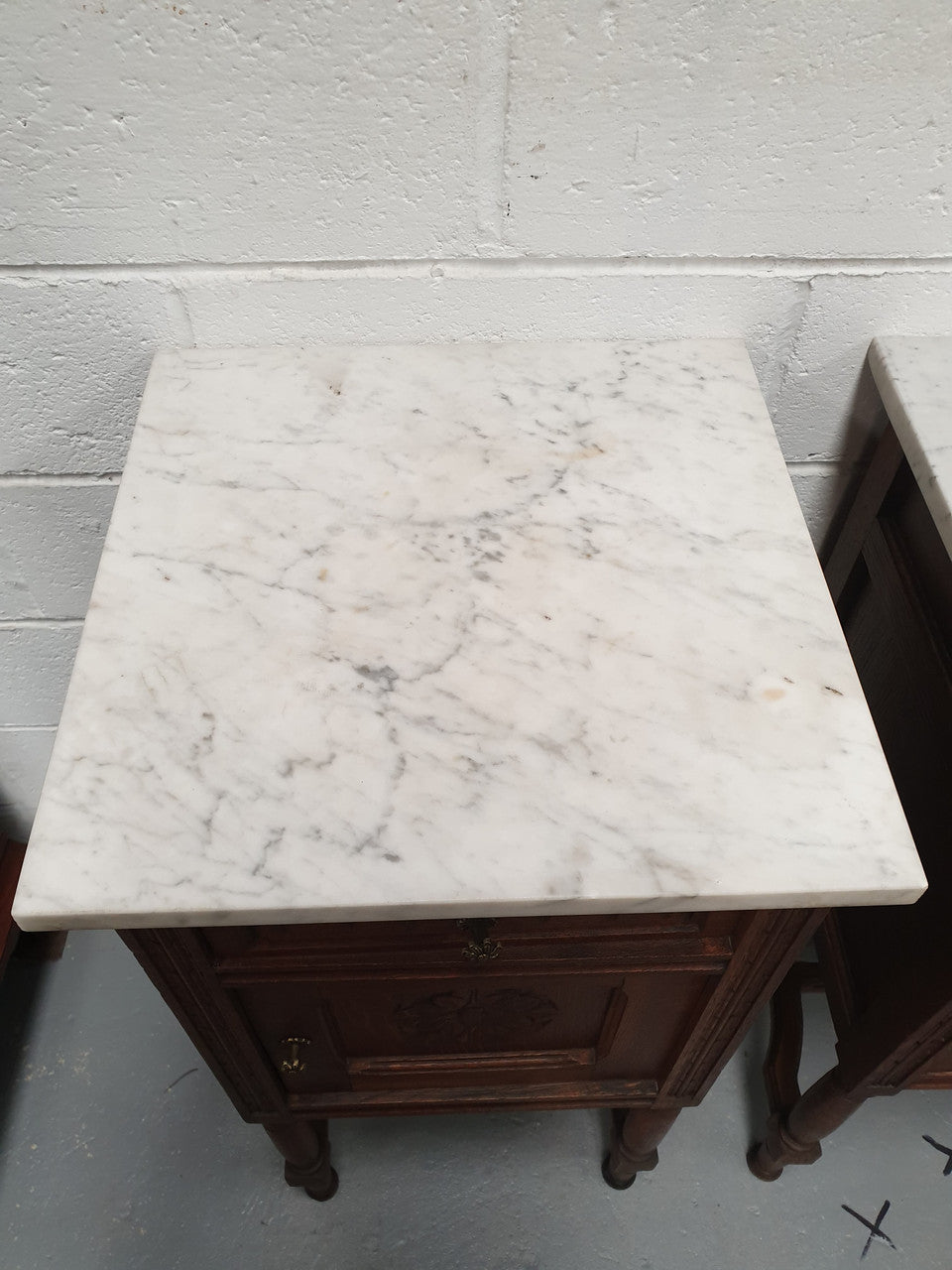 French Pair Of Oak White Marble Top Bedside Cabinets | Antique & Vintage | Moonee Ponds Antiques | Australia Wide Delivery