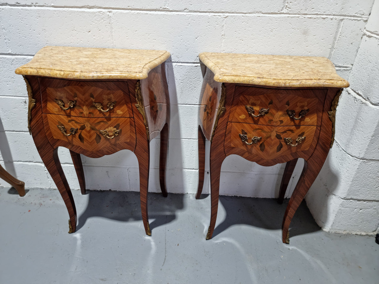 Pair of French Commode Style Marquetry Inlaid Marble Top Kingwood Bedsides | Antique & Vintage | Moonee Ponds Antiques | Australia Wide Delivery