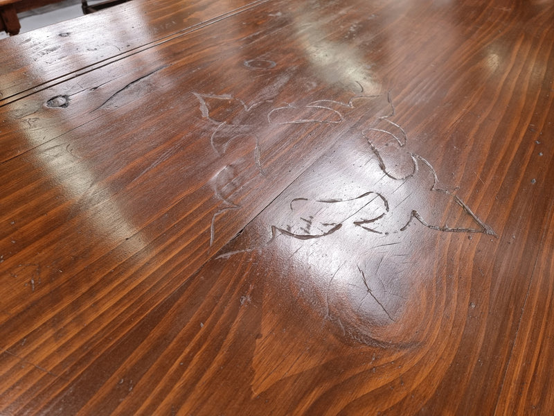 Amazing hard to find French Fruitwood Spanish style 3 meter dining table. Decorative iron work underneath and in good detailed original condition.
