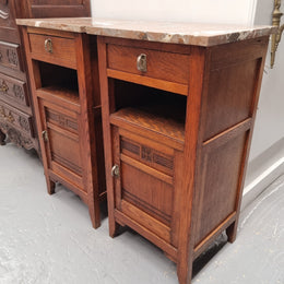 Pair of French Oak Arts & Crafts Marble Top Bedsides