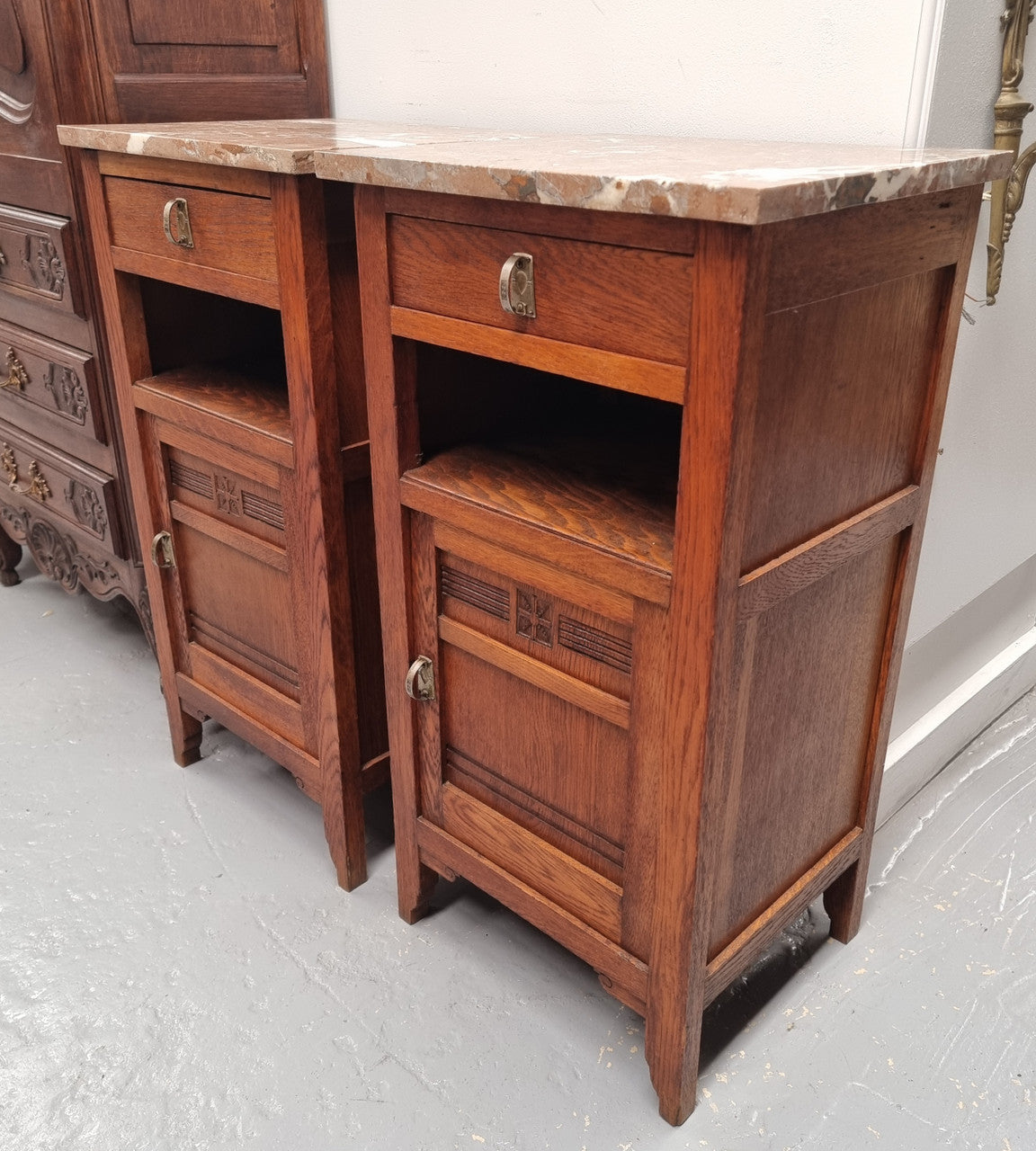 Pair of French Oak Arts & Crafts Marble Top Bedsides