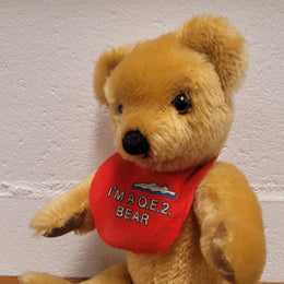 “Merry Thought” Golden Mohair fully Jointed Teddy Bear.  Made in England, commemorating QE2. 32cm length. Excellent Condition.
