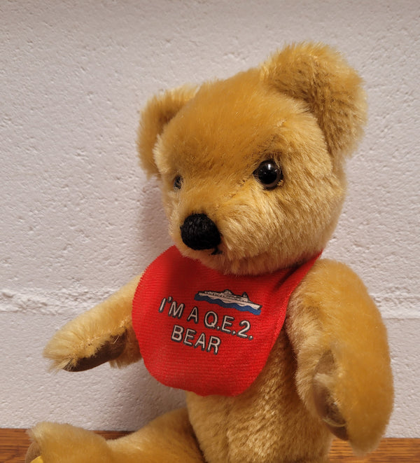 “Merry Thought” Golden Mohair fully Jointed Teddy Bear.  Made in England, commemorating QE2. 32cm length. Excellent Condition.