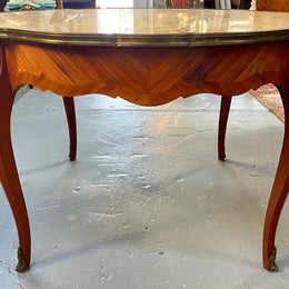French Louis XV style marquetry inlaid marble top coffee table. In good original detailed condition.