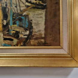 Fabulous signed Vintage boat scene oil on canvas painting in gilt frame. In good original detailed condition.