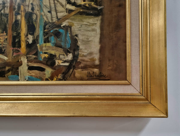 Fabulous signed Vintage boat scene oil on canvas painting in gilt frame. In good original detailed condition.