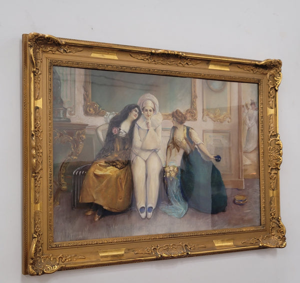 Delightful signed pastel behind glass of Pierrot and young women in an ornate gilt frame. In good original detailed condition.