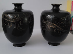 Pair of Antique Meiji Period Japanese Etched Bronze Vases | Antique & Vintage | Moonee Ponds Antiques | Australia Wide Delivery
