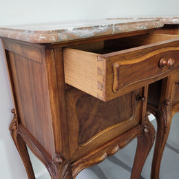 French Louis XV Style Walnut Marble Top Bedside Cabinets. In good original detailed condition.