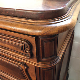 19th Century French Walnut five-drawer marble top commode. In good original detailed condition.