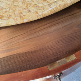 French marquetry inlaid Kingwood marble top commode. It has two drawers and beautiful mounts. Is in good original detailed condition.