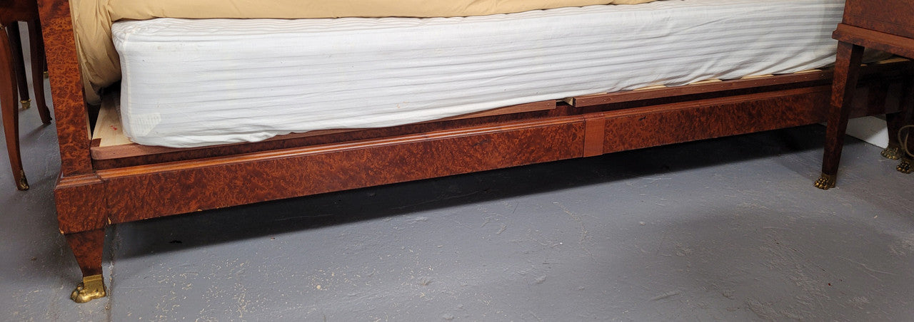 French Art Deco bedroom suite consisting of queen size bed in Amboyna wood and featuring pretty inlay. It comes with a matching pair of bedsides. It is a very stylish and high quality suite. It has been sourced from France and is in good original detailed condition.