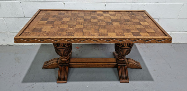 Amazing French Oak solid parquetry top coffee table. Great size and in very good original detailed condition.