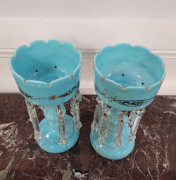 Pair of Blue Opaline Glass Victorian Lustre Vases | Antique & Vintage | Moonee Ponds Antiques | Australia Wide Delivery