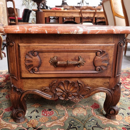 Amazing original walnut Louis XV style coffee table with a marble top, one drawer on either end and a faux drawer at the front. In good original detailed condition, sourced in France.