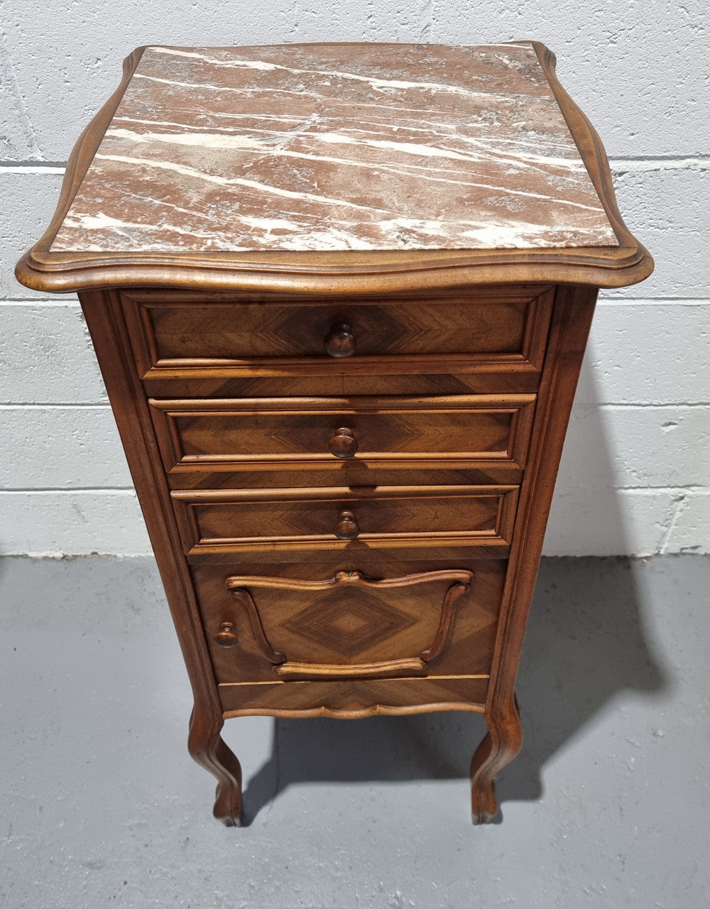 Louis XV Style Walnut  Bedside-Side Cabinet With Inset Marble Top