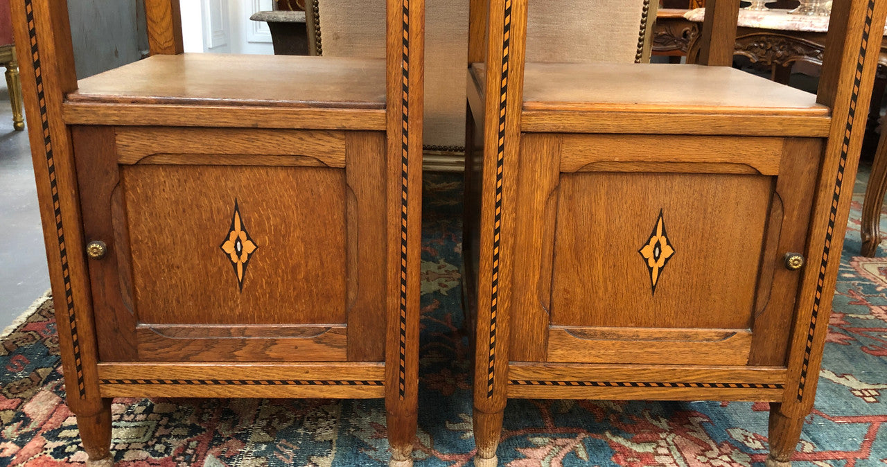 Beautiful Pair of French Oak Inlaid Marble Top Bedside Cabinets | Antique & Vintage | Moonee Ponds Antiques | Australia Wide Delivery