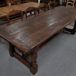 Amazing 2.65 meter French Elm Refectory dining table with loads of rustic charm. This table has been sourced from France and can comfortably seat ten people. It is in good original detailed condition.