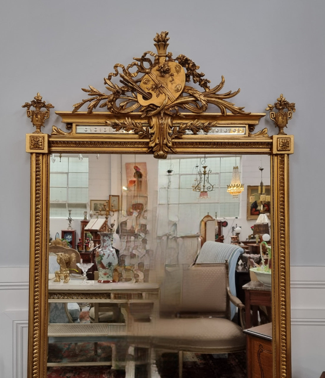 Beautifully Carved and Decorated Antique Gilt Napoleon III Louis XVI Style Gilt Overmantel Mirror