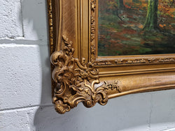 Large French Signed Oil Painting Autumn Trees on Stream Scene In Gilt Frame | Antique & Vintage | Moonee Ponds Antiques | Australia Wide Delivery