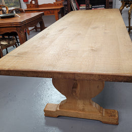 Stunning French Oak Farmhouse table with two extension leaves. When fully extended the table measures to a massive 339.5 cm long. Sourced from France and in good original detailed condition.