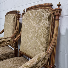 Beautiful French walnut Louis XVI style upholstered three piece Salon Suite. It has lovely fabric which is in overall good condition and is very comfortable to sit in. In good original detailed condition.