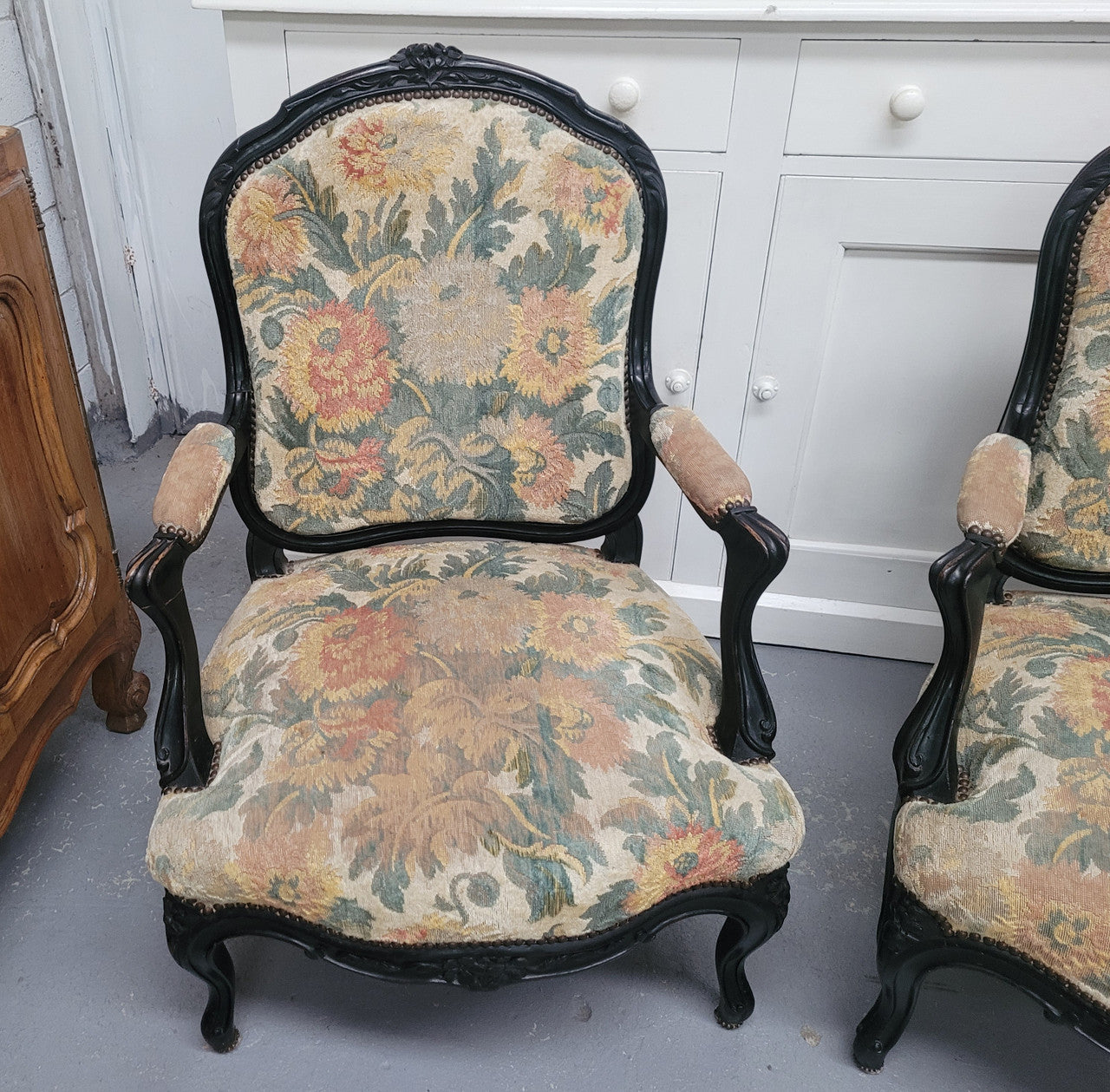 Antique 19th Century Louis XV Style Ebonized Upholstered Armchairs | Antique & Vintage | Moonee Ponds Antiques | Australia Wide Delivery