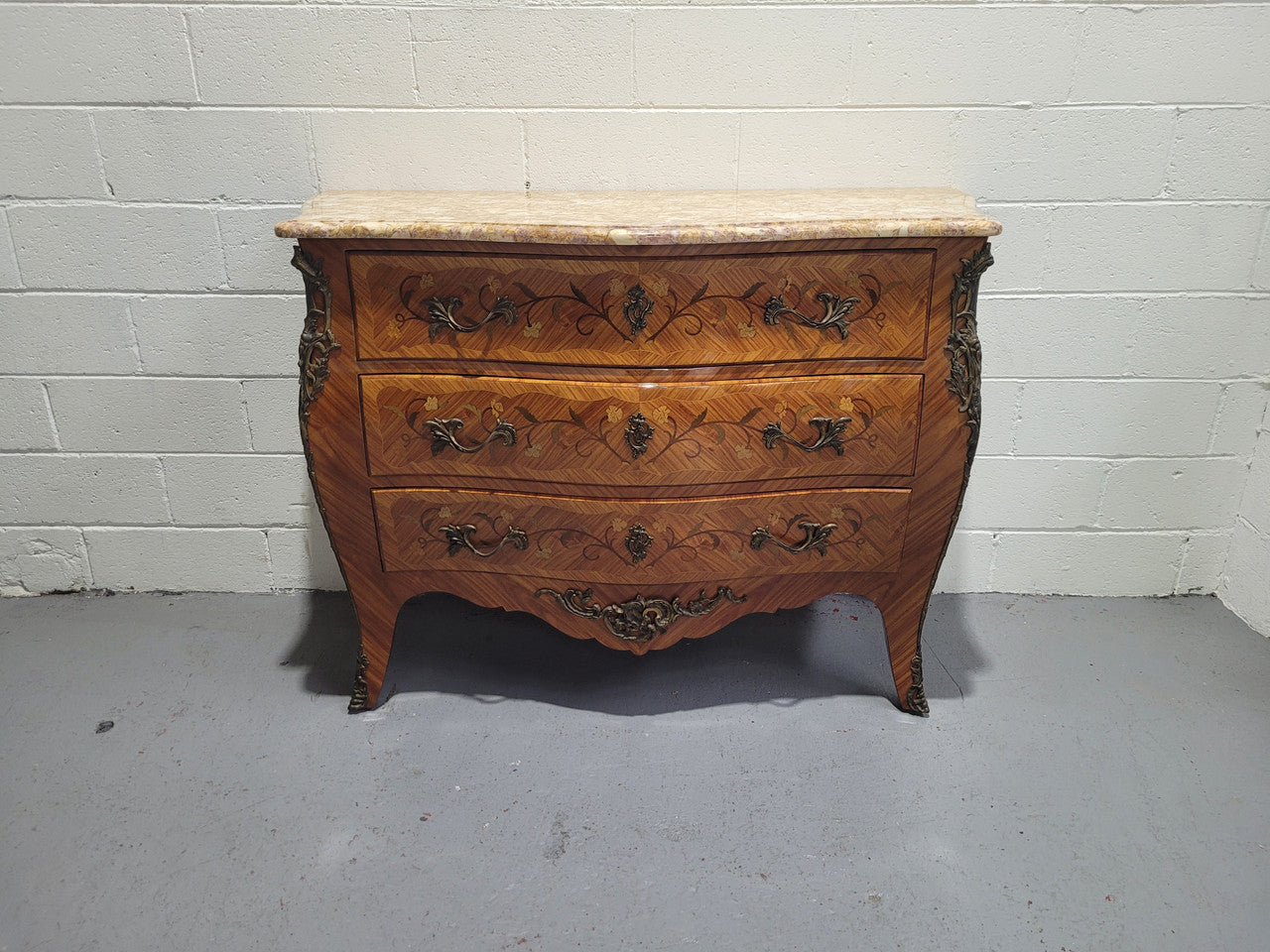 French Three Drawer Marquetry Inlaid Marble Top Commode | Antique & Vintage | Moonee Ponds Antiques | Australia Wide Delivery