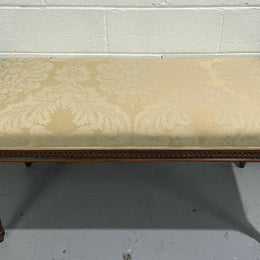 Nicely carved French Louis XVI style Walnut upholstered stool. The stool is in good condition and the frabic is in good used condition, please view photos as they help form part of the description.