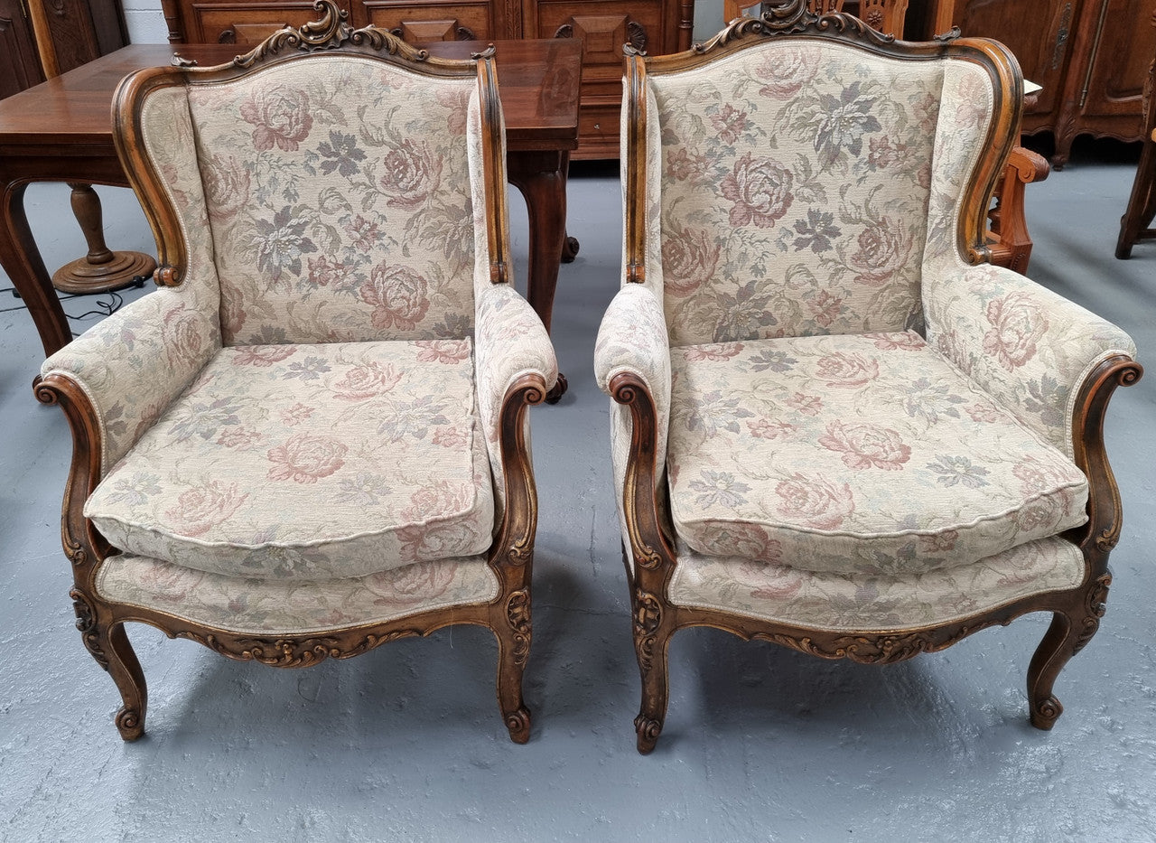 Beautiful Pair of French Gilt and Upholstered Bergere Chairs
