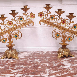 Pair Of Highly Decorative French Gilt Brass & Jewelled Candelabras