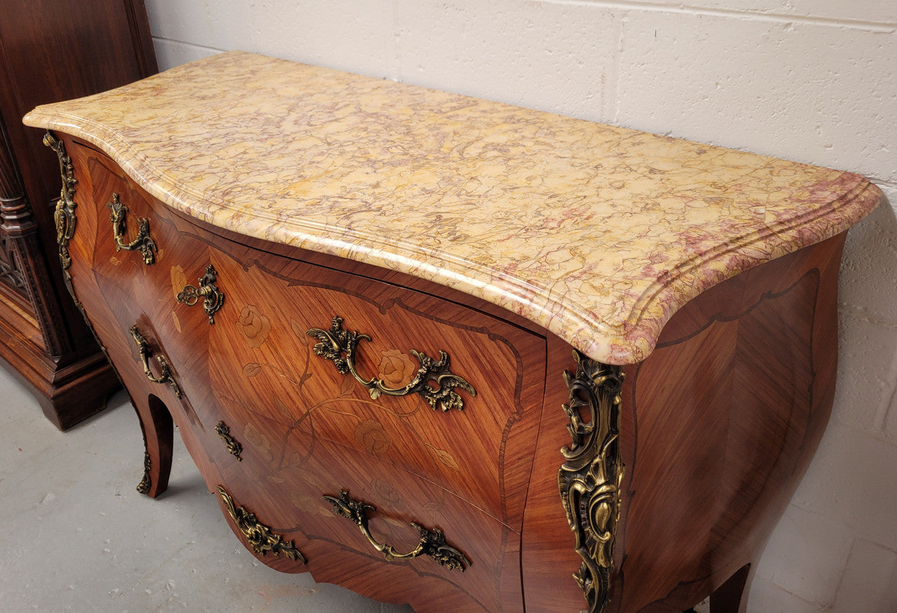** ON HOLD** Louis XV Style Two Drawer Marquetry Inlaid Kingwood Marble Top Commode | Antique & Vintage | Moonee Ponds Antiques | Australia Wide Delivery