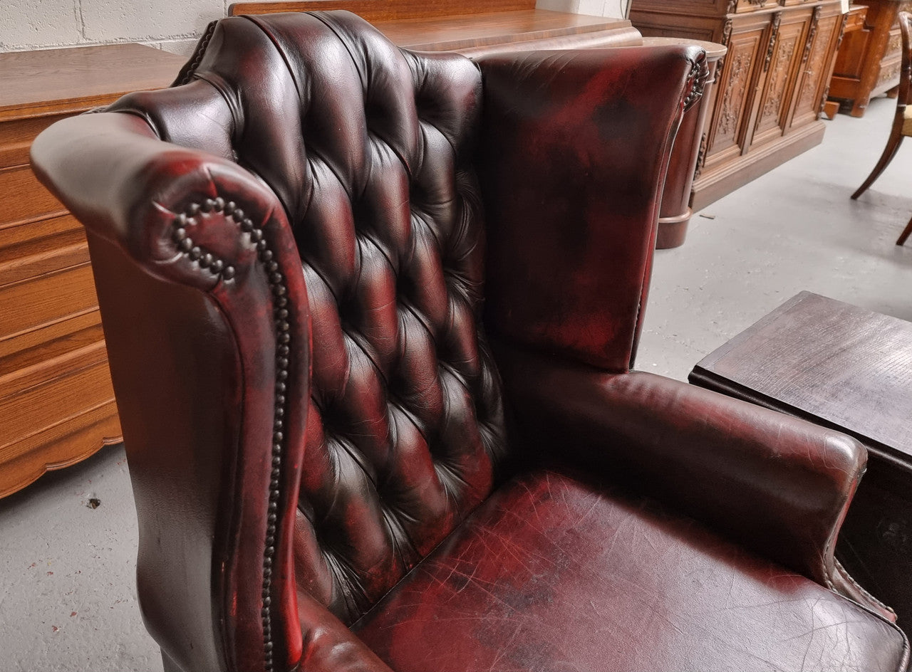 Oxblood Leather Button Back & Winged Lounge Chair